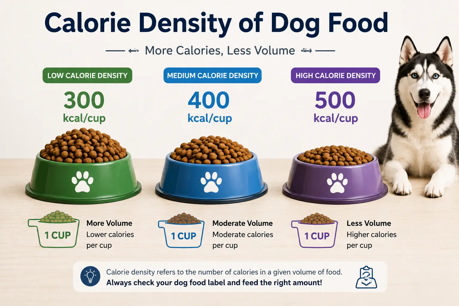 Dog food calorie density and serving size comparison
