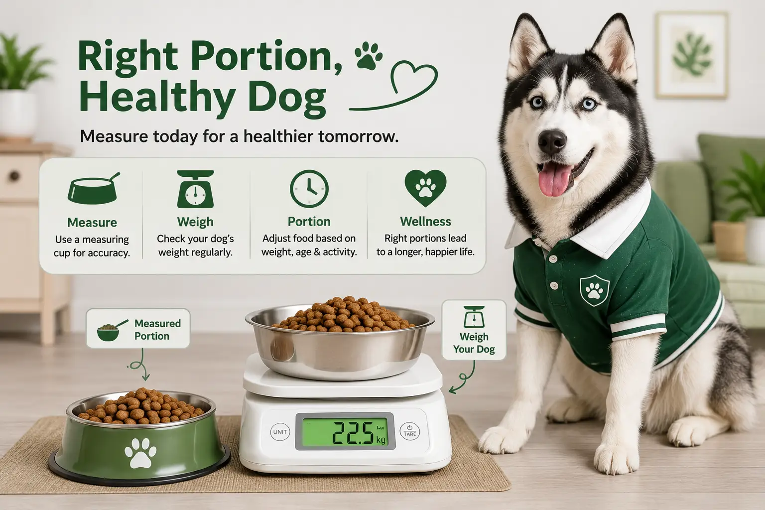 Dog food portion measured on kitchen scale