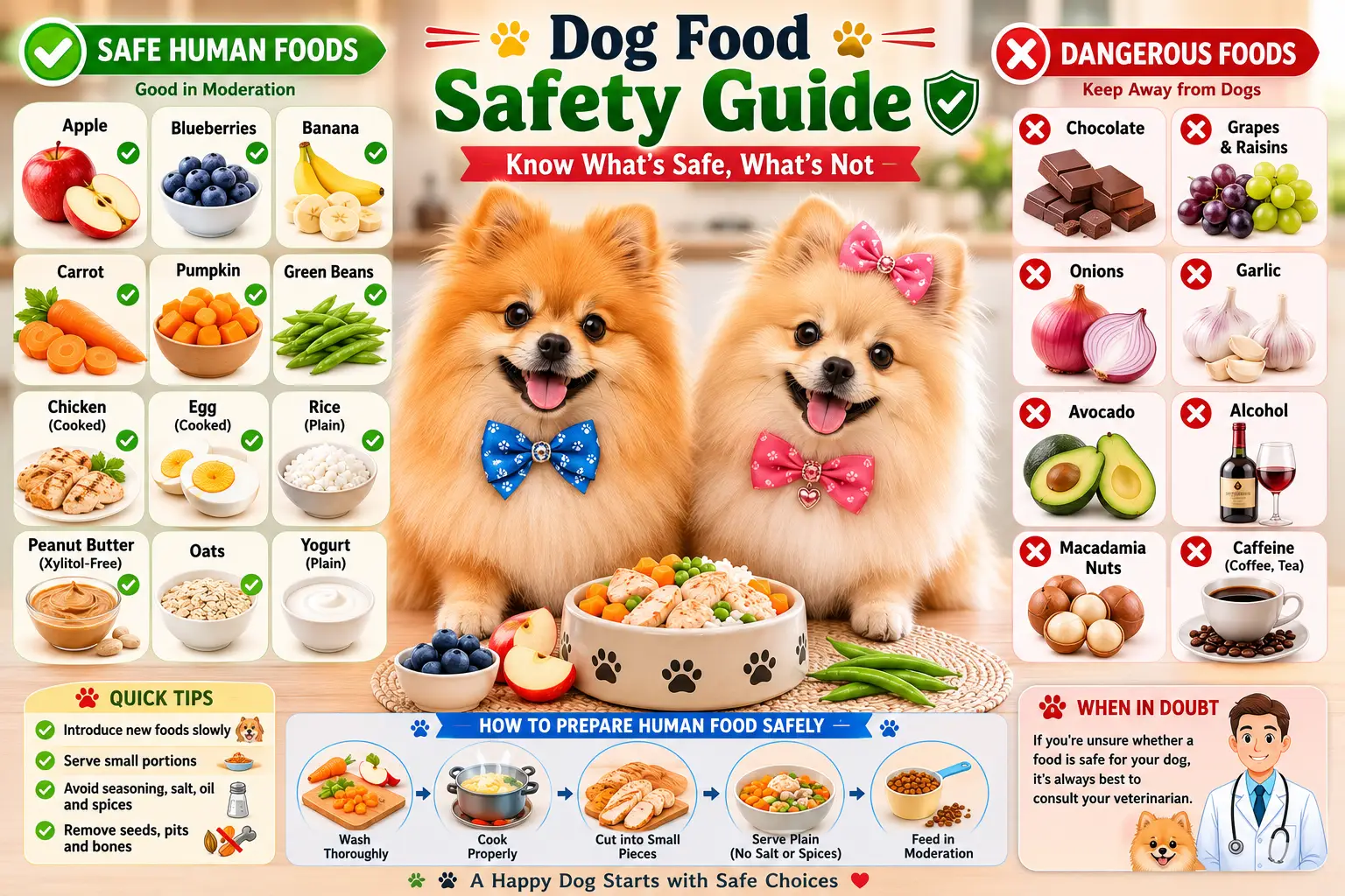 Dog food safety guide showing safe and dangerous human foods