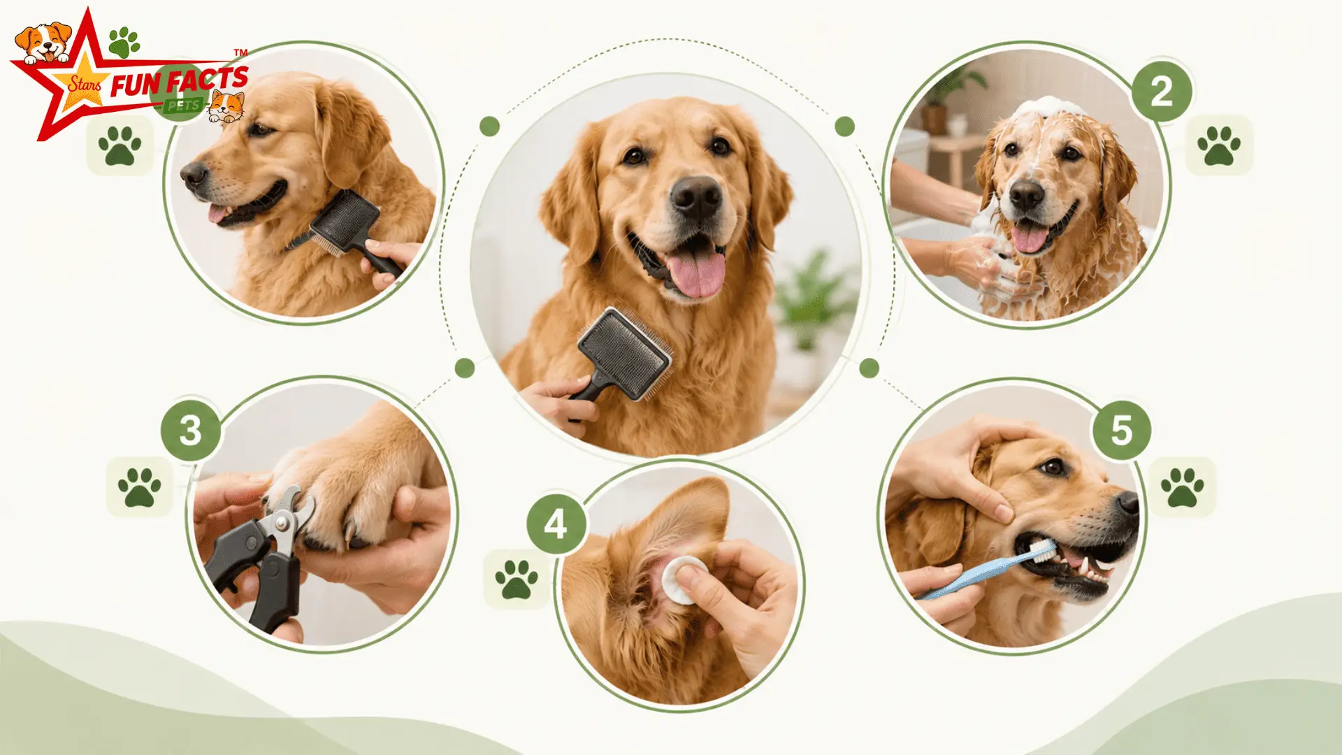 Dog grooming routine including brushing bathing nail ear and dental care